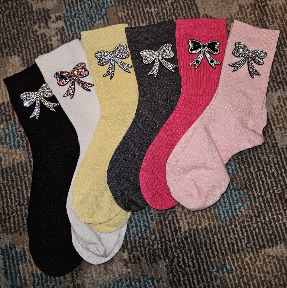 Crew Socks w/Crystal Bows in Black, White, Yellow,Charcoal Gray, Fuscia, Lt.Pink